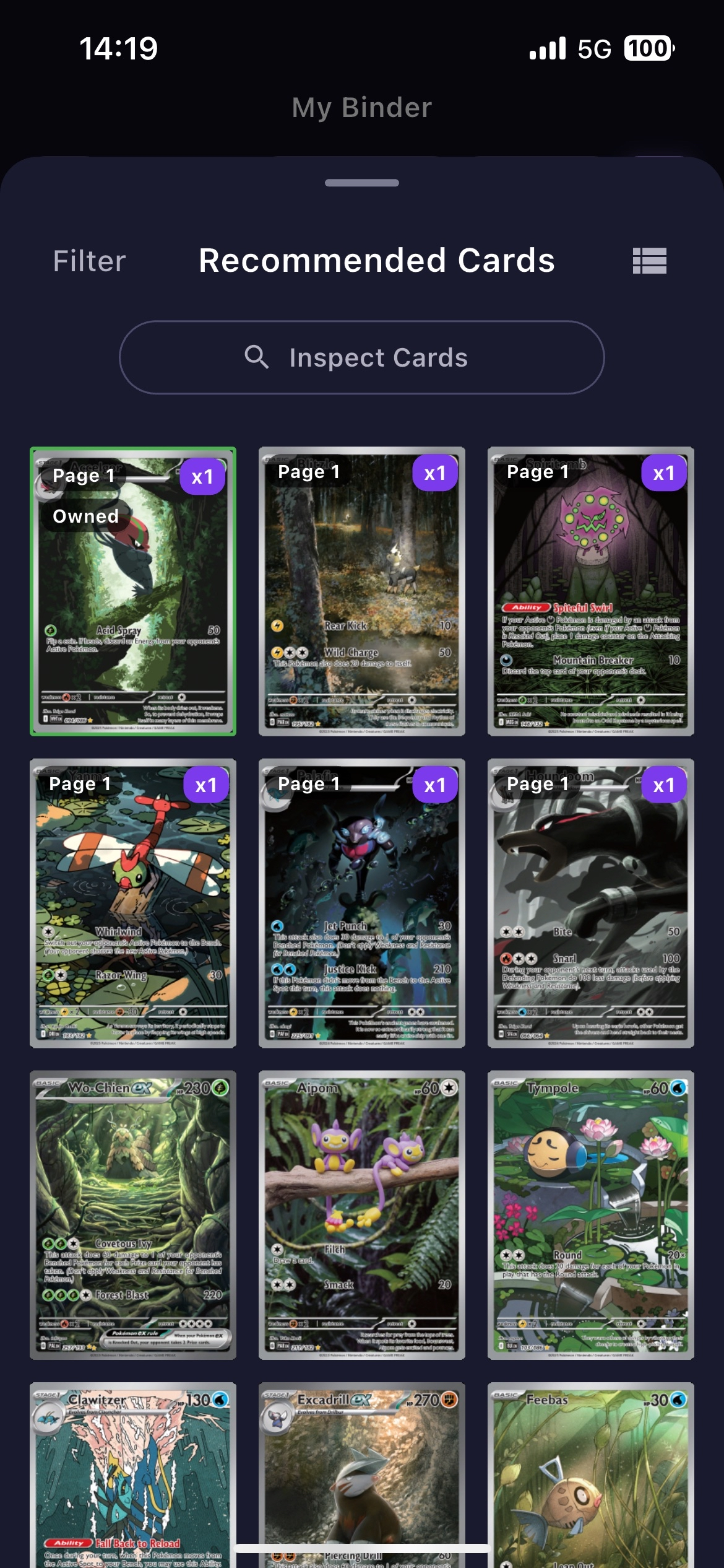 BinderWiz Pokemon card color matching recommendations screen